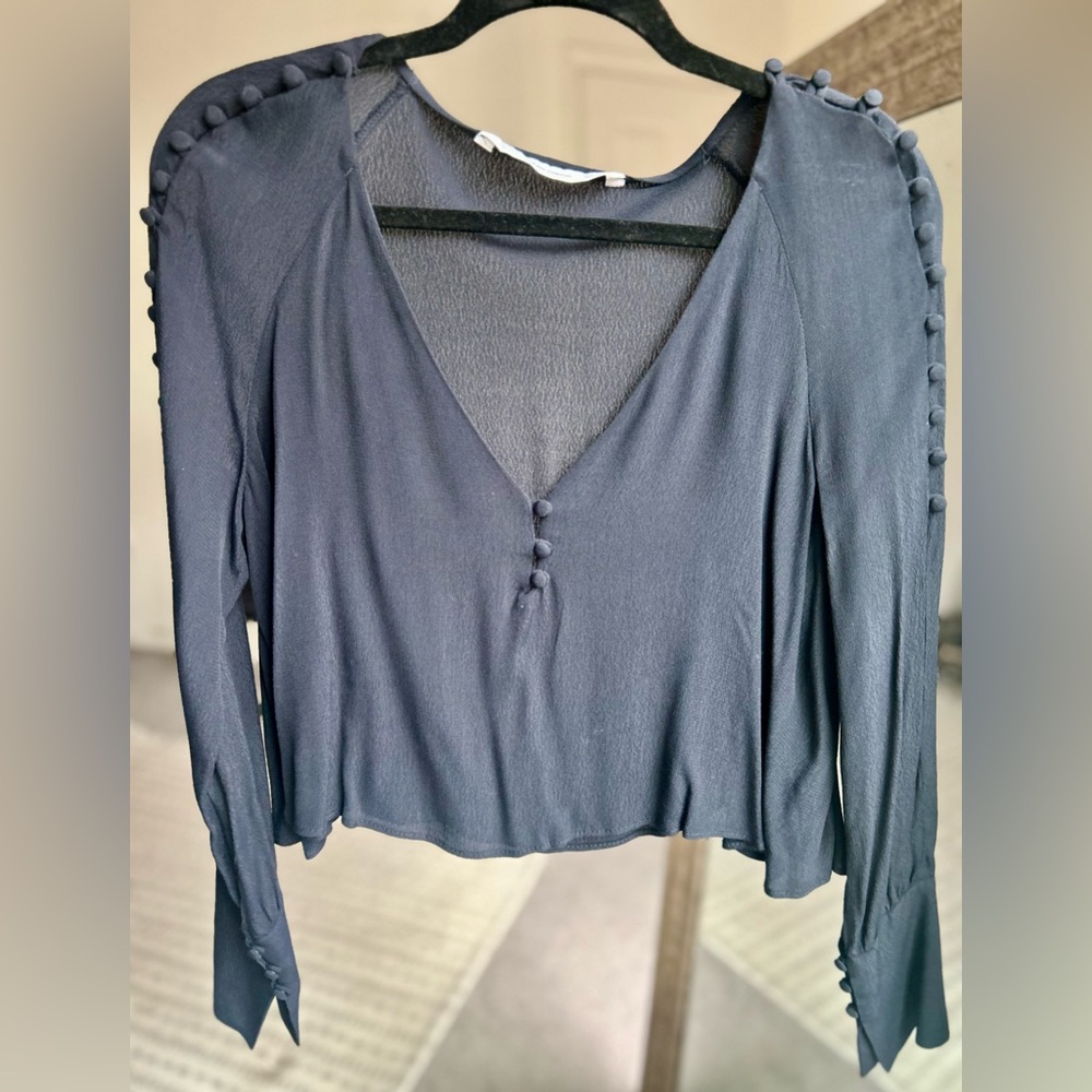 Zara Deep Navy Blue V-Neck Blouse with Button Accents